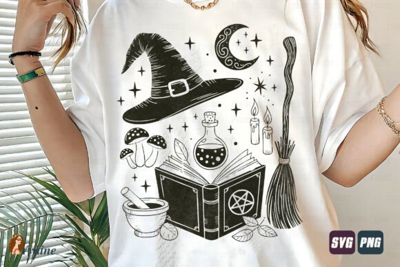 Vintage Witch Doodles Halloween Graphics & T-Shirt Designs